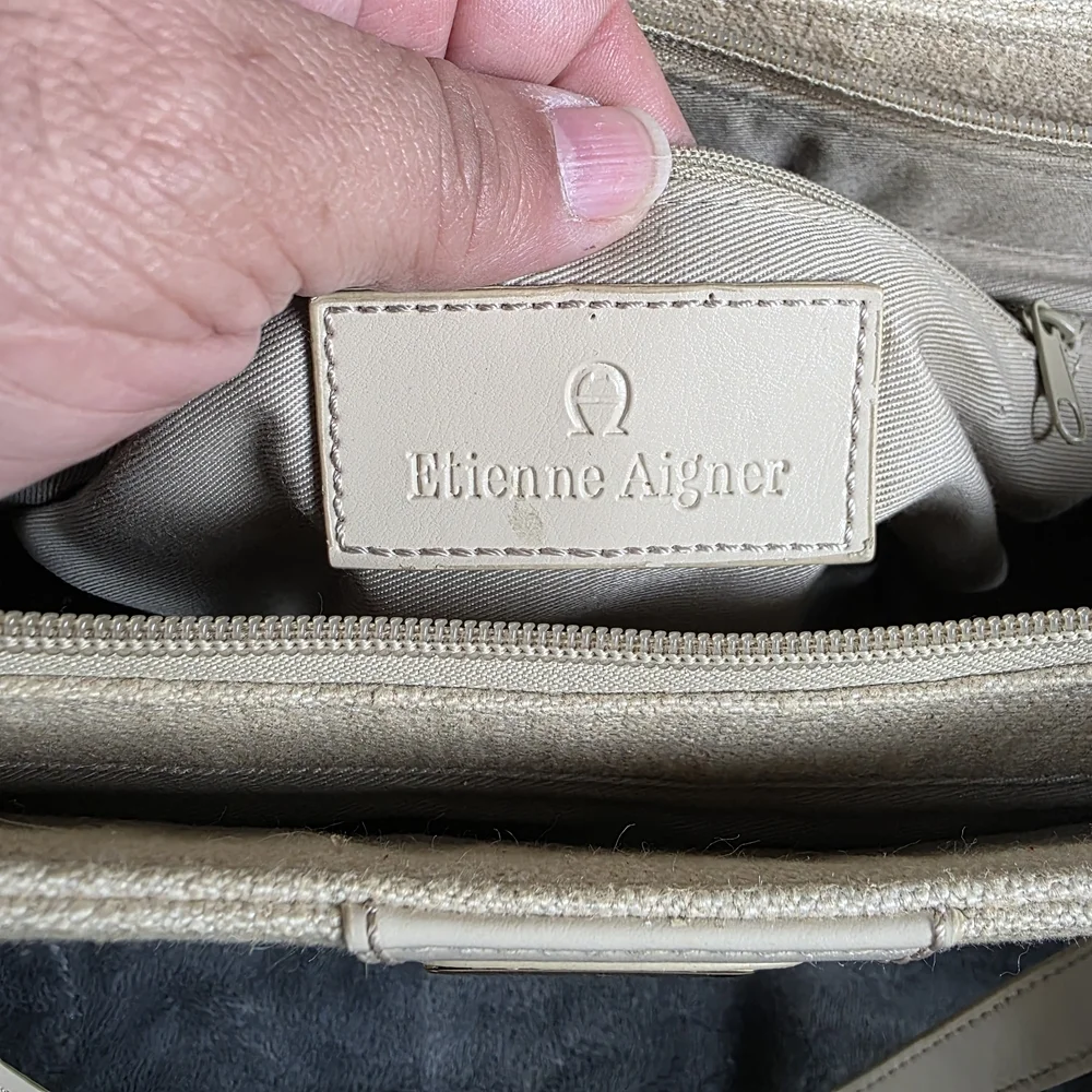 Etienne Aigner Cream and Tan Linen Shoulder Bag.